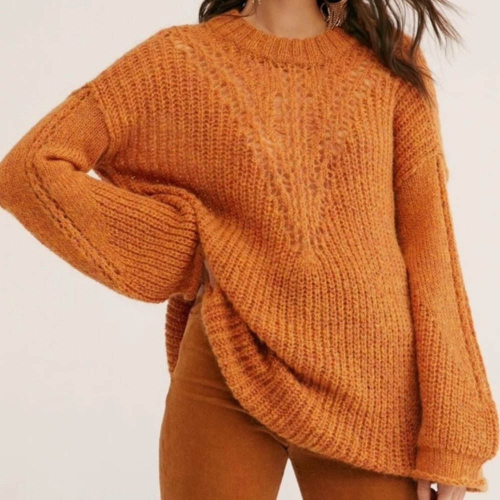 Free People Primrose Orange Mohair Knit Pullover Open Knit Sweater